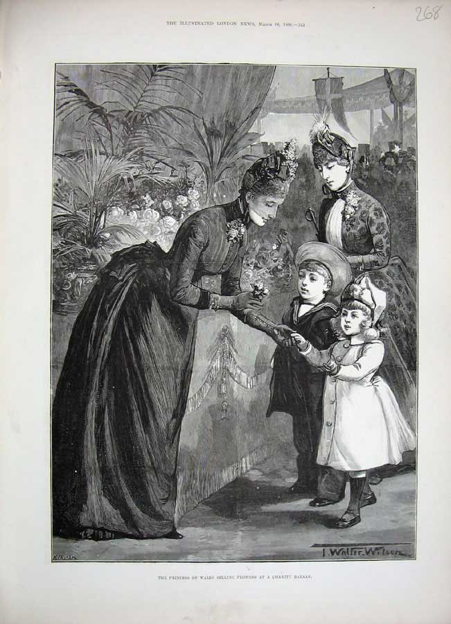 Old Antique Print 1888 Princess Wales Selling Flowers Charity Bazaar Art 19th