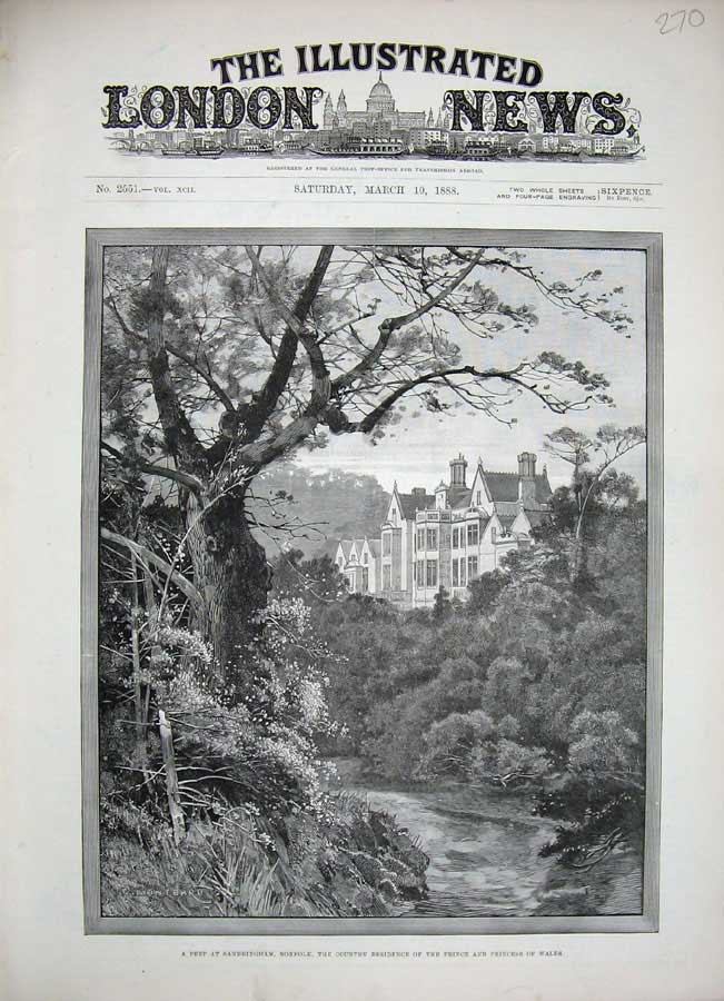 Original Old Antique Print 1888 Sandringham House Norfolk Prince Princess Wales