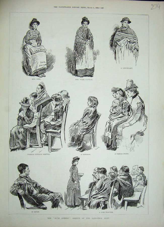 Original Old Antique Print 1888 Slum Sisters Service Salvation Army Children