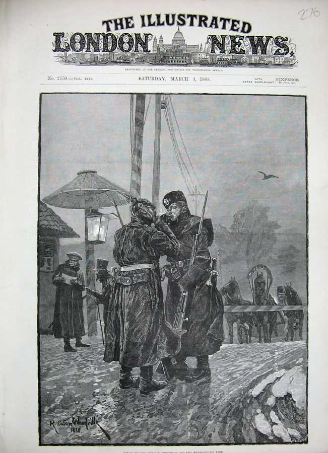 Original Old Antique Print 1888 Russian German Frontier Guards War Siers Art