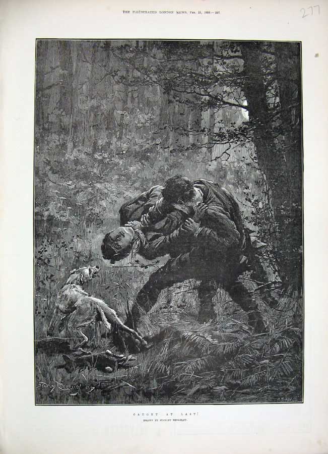 Old Antique Print 1888 Stanley Berkeley Fine Art Men Fighting Woods Dog 19th