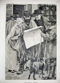 Original Old Antique Print 1888 Sepia People Street Newspapers Dog Shop 19th