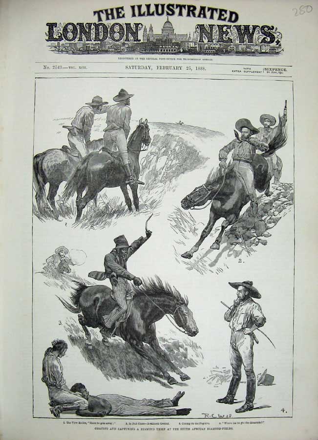 Original Old Antique Print 1888 Diamond Thief South Africa Horse Fugitive Men