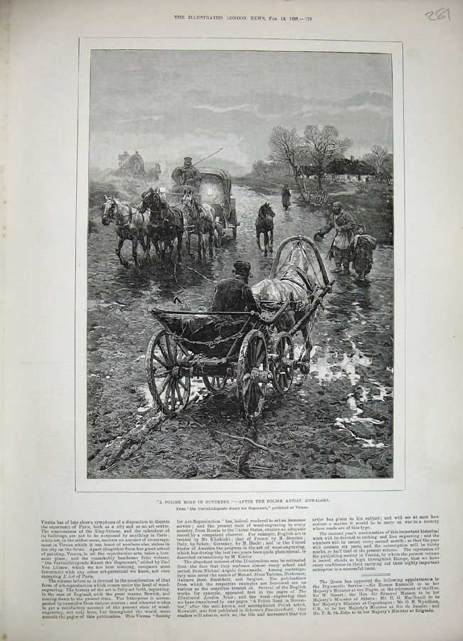 Original Old Antique Print 1888 Poland Road Flood Horse Cart Country Trees Art