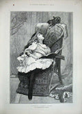 Original Old Antique Print 1888 Burton Barber Fine Art Little Girl Chair Kitten
