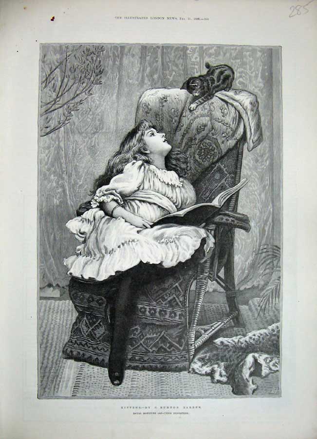 Original Old Antique Print 1888 Burton Barber Fine Art Little Girl Chair Kitten