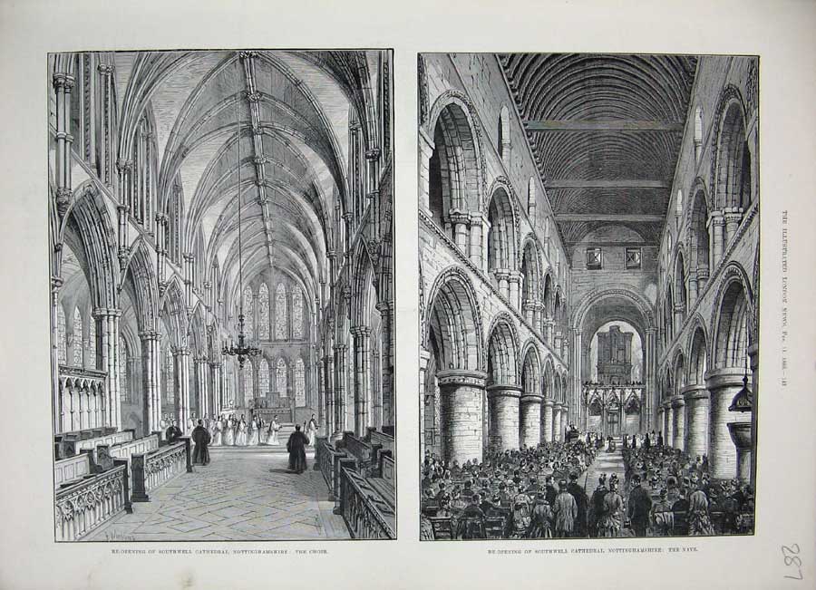 Original Old Antique Print 1888 Southwell Cathedral Nottinghamshire Nave Choir