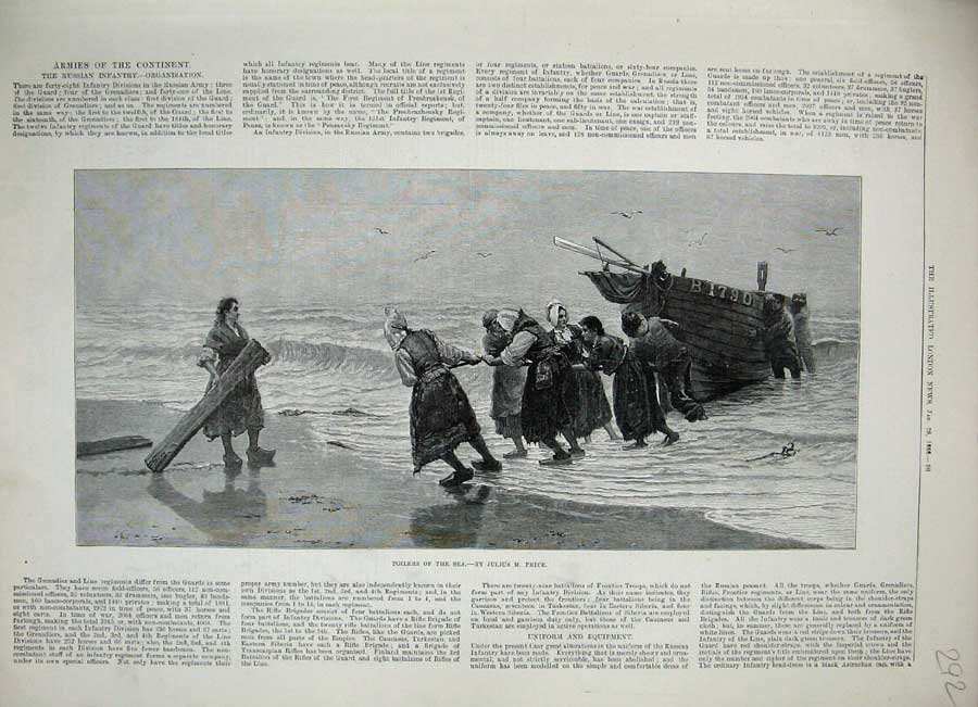 Old Antique Print 1888 Julius Price Fine Art Women Pulling Fishing Boat 19th
