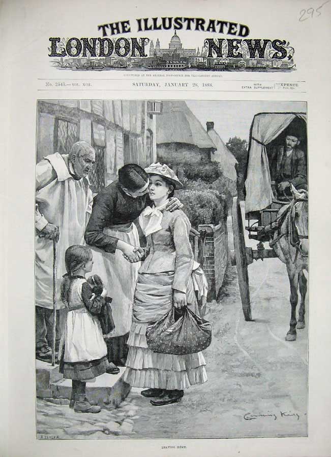 Original Old Antique Print 1888 Fine Art Woman Leaving Home Children Horse Cart