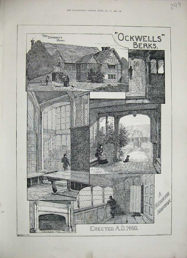 Original Old Antique Print 1888 Ockwells Berks Mediaeval Mansion House Porch
