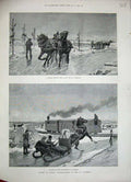 Old Antique Print 1888 Canada St Lawrence Horse Railway Train Sledge Art 19th