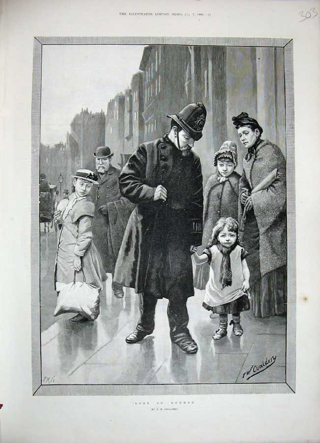Original Old Antique Print 1888 Couldery Fine Art Policeman Little Girl London
