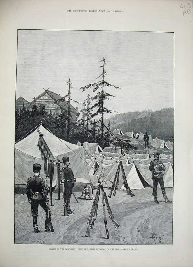 Original Old Antique Print 1888 Siers War Camp Russian Infantry Cossacks Army