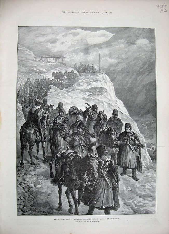 Original Old Antique Print 1888 Russian Army Siers War Cossacks Daghestan Art