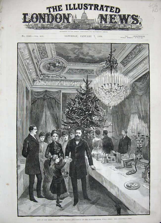 Antique Old Print 1888 San Remo Villa Zirio Christmas Crown Prince People 19th