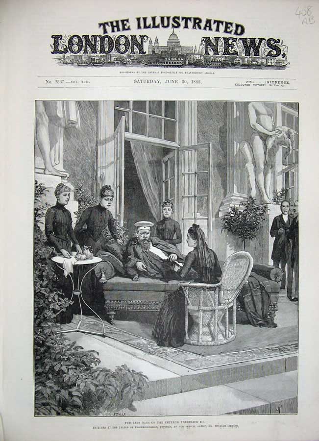 Original Old Antique Print 1888 Emperor Frederick Palace Potsdam Siers Funeral