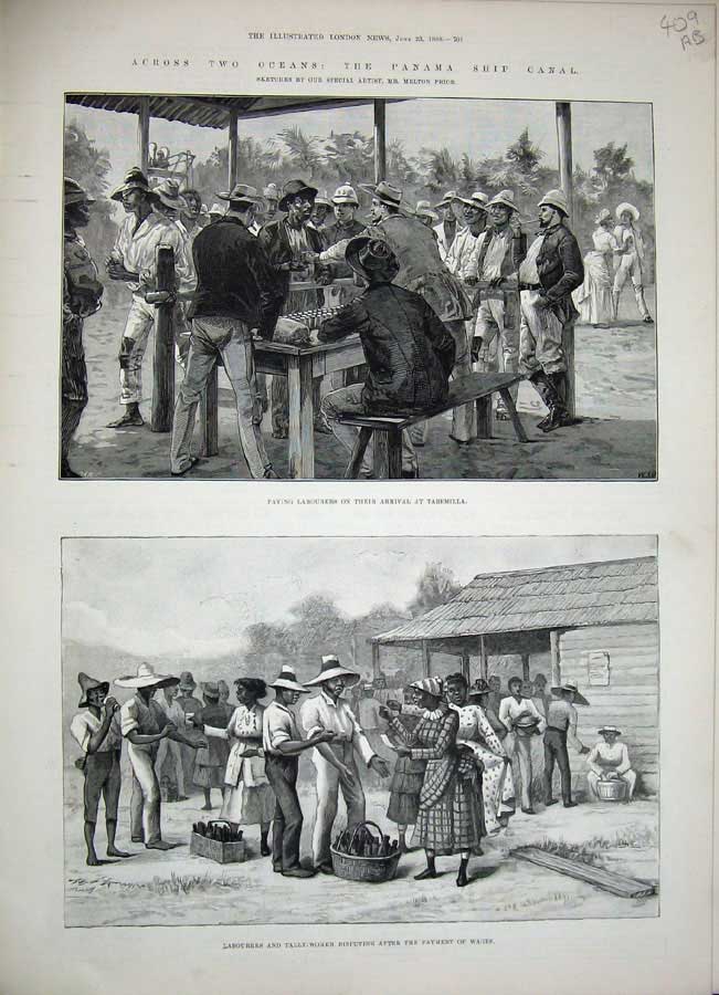 Old Antique Print 1888 Panama Ship Canal Tabemilla Tally Women Railway 19th