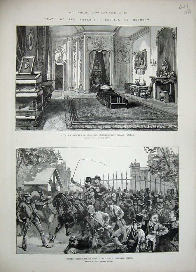 Old Antique Print 1888 Emperor Frederick Germany Palace Potsdam Prussia 19th