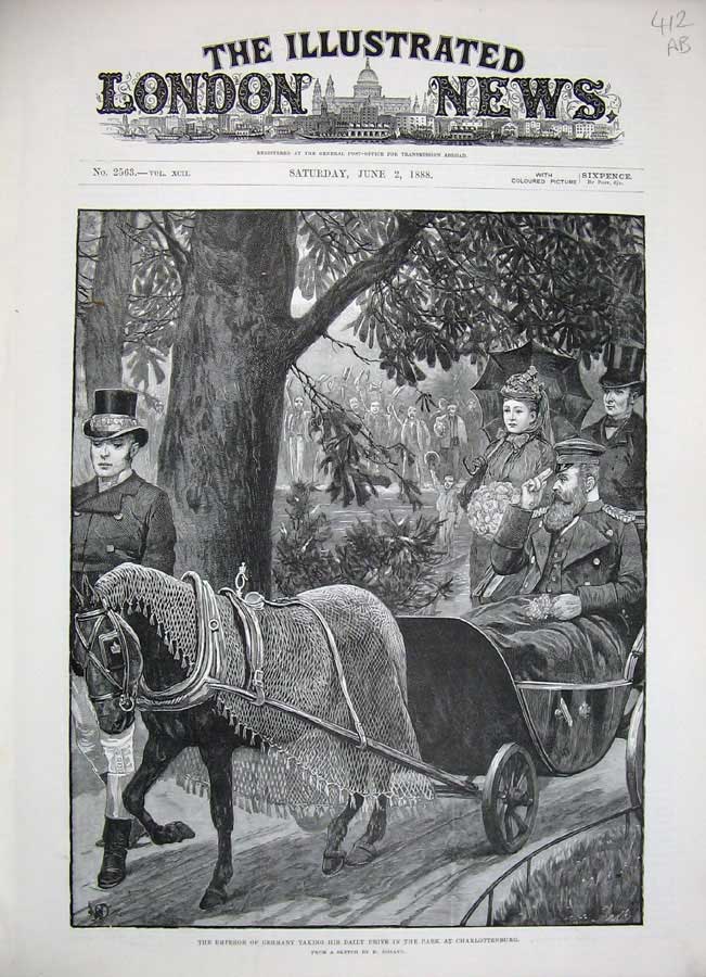 Old Antique Print 1888 Emperor Germany Park Charlottenburg Horse Coach 19th
