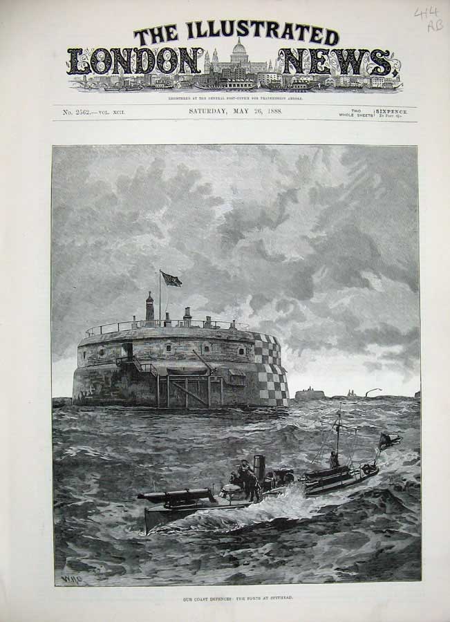 Old Antique Print 1888 Forts Spithead Ship War Cliff Creek Battery Grain 19th