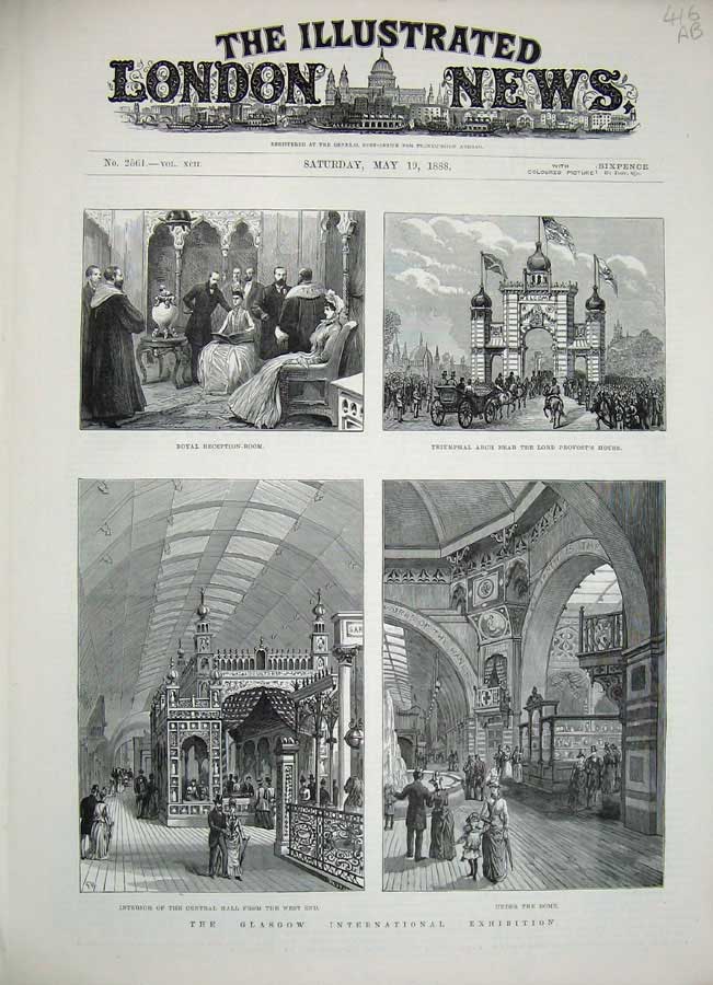 Old Antique Print 1888 Glasgow International Exhibition Arch James King 19th