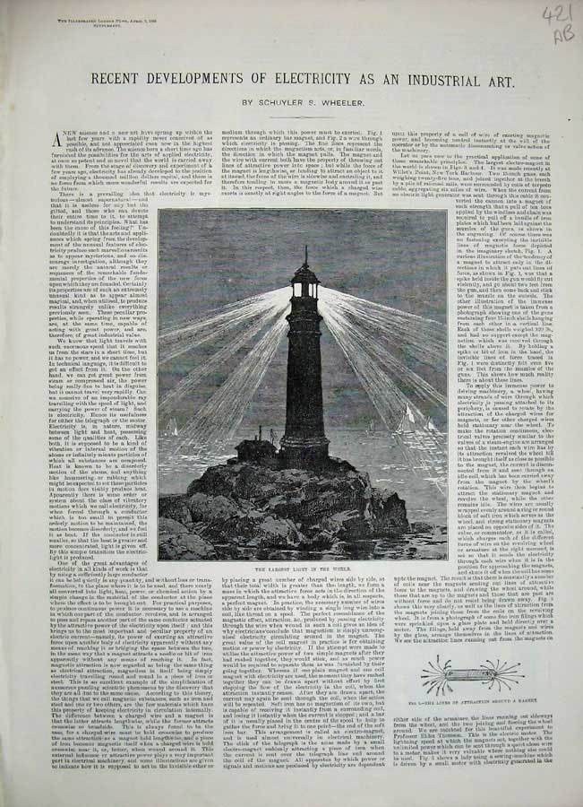 Antique Old Print 1888 Electricity Lighthouse Rocks Sea Train Fire-Engine 19th