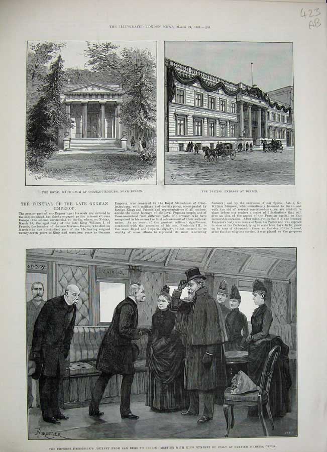 Old Antique Print 1888 Mausoleum Charlottenburg Berlin Funeral Schloss 19th