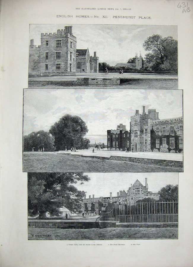 Original Old Antique Print 1888 English Homes Penshurst Palace Garden Church