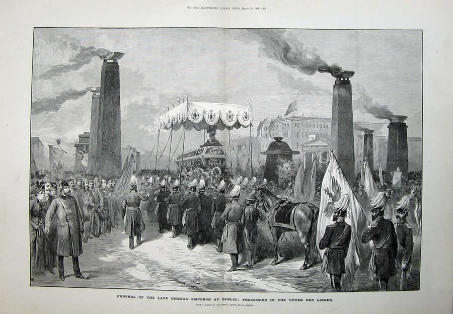 Old Antique Print 1888 Funeral German Emperor Berlin Procession Linden 19th