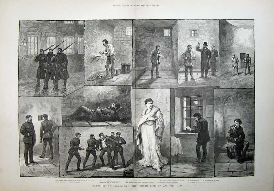 Old Antique Print 1888 Sketches Coercion Prison Irish Prime Minister Man 19th