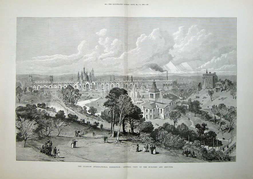 Old Antique Print 1888 Glasgow Internationl Exhibition Building Scotland 19th