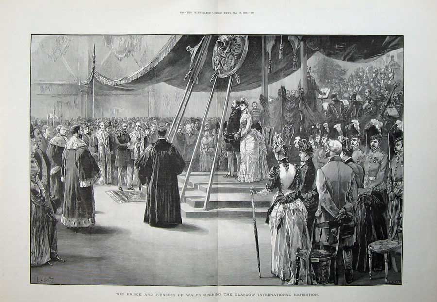 Old Antique Print 1888 Prince Princess Wales Glasgow Exhibition Building 19th