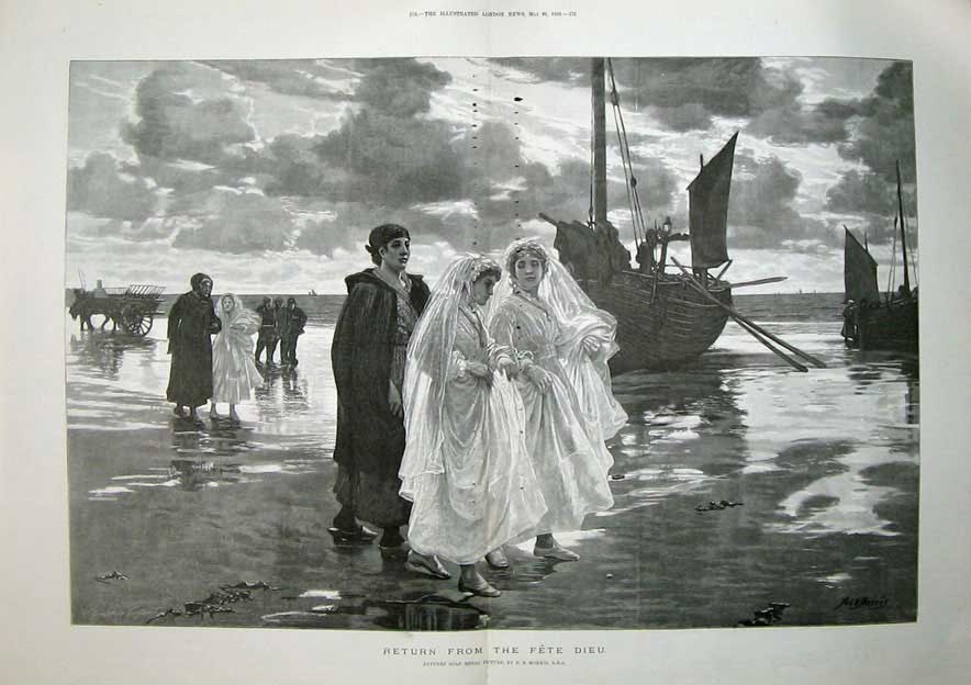 Antique Old Print 1888 Morris Fine Art Fete Dieu Ship Boats Women Dresses 19th