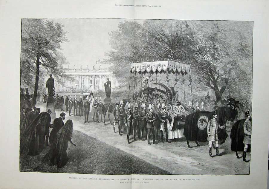 Old Antique Print 1888 Funeral Emperor Frederick Potsdam Friedrichskron 19th