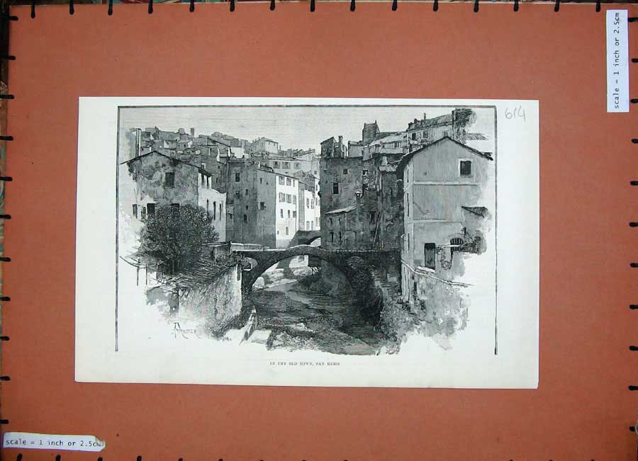 Original Old Antique Print 1888 View Town San Remo Buildings Bridge City Art