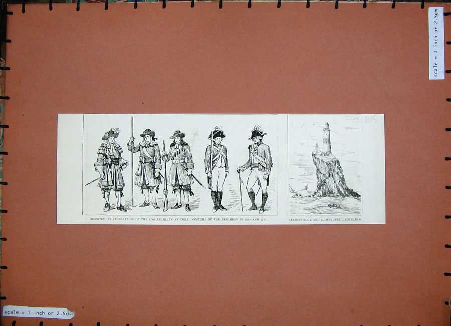 Old Antique Print 1888 Army War Men York Regiment Fastnet Rock Lighthouse 19th