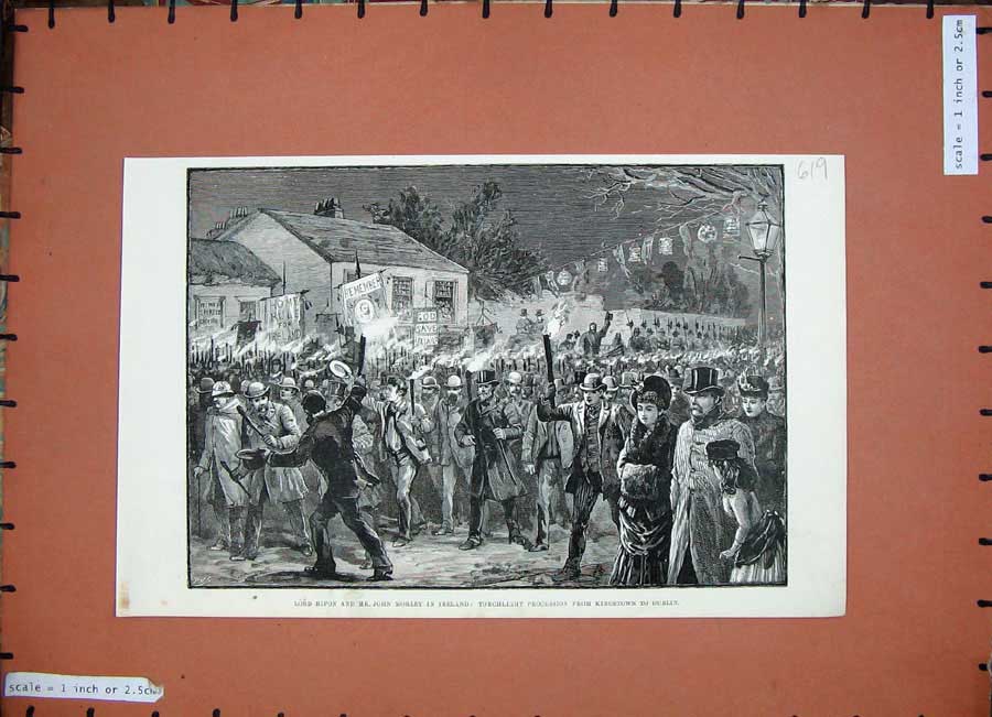 Original Old Antique Print 1888 Lord Ripon John Morley Ireland Kingstown Dublin
