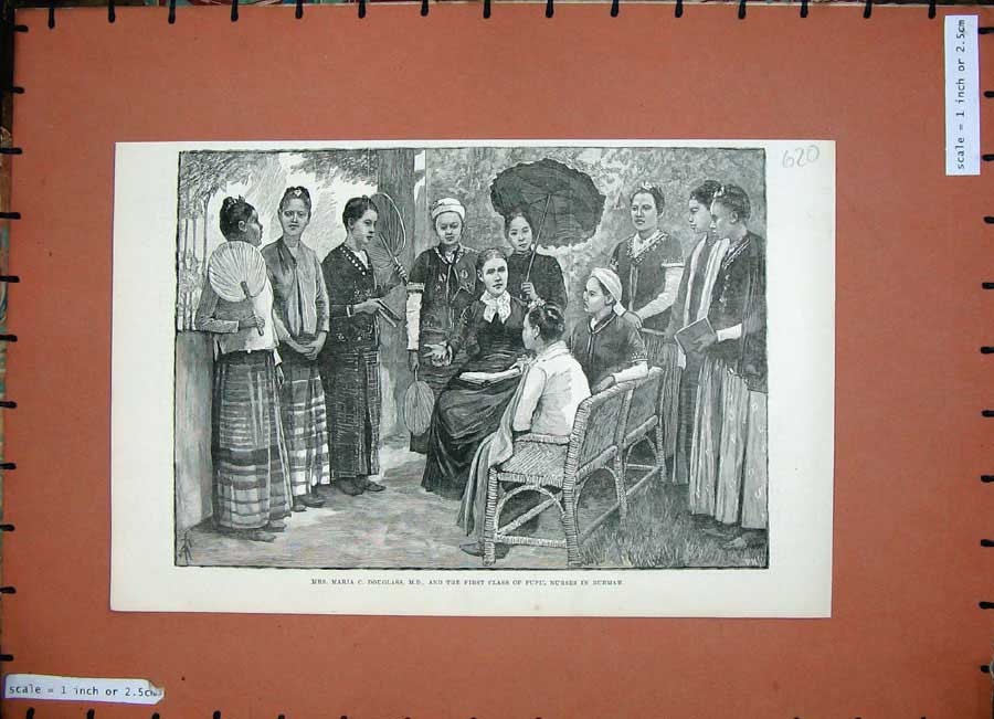 Original Old Antique Print 1888 Mrs Maria Douglass Pupil Nurses Burmah Teacher