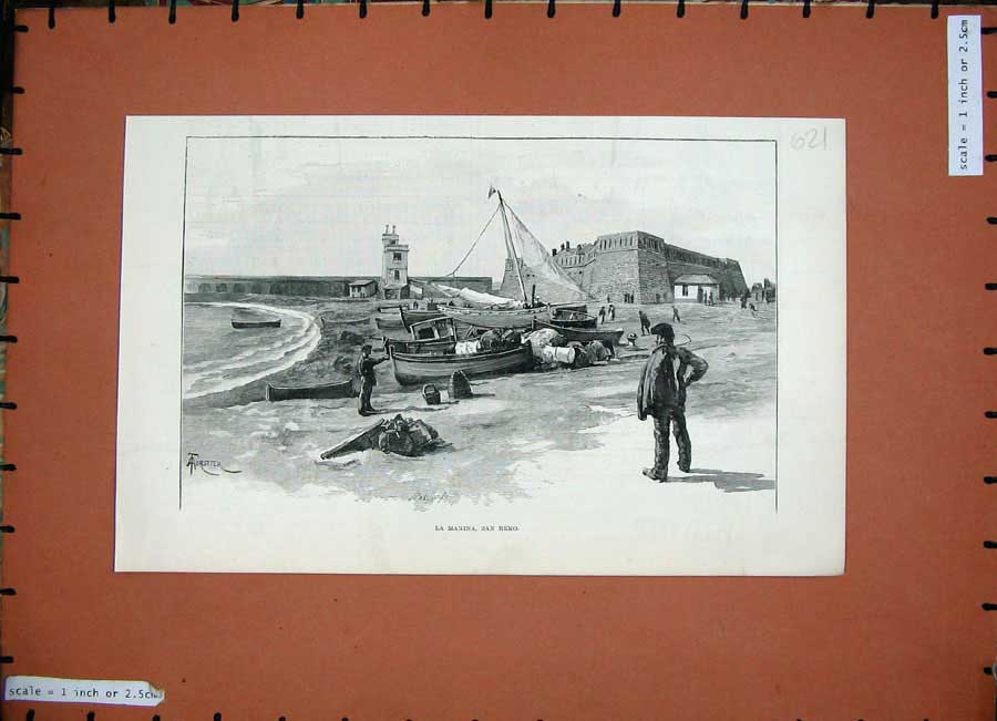 Old Antique Print 1888 View La Marina San Remo Fishing Boats Town France 19th