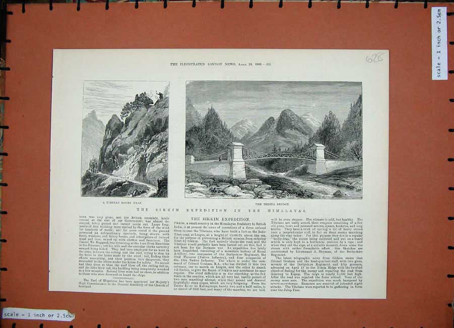 Old Antique Print 1888 Tibetan Booby Trap Teesta Bridge Sikkim Himalayas 19th