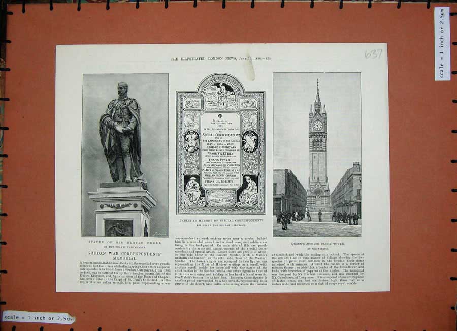 Original Old Antique Print 1888 Statue Bartle Frere Queen Clock Tower Gravesend