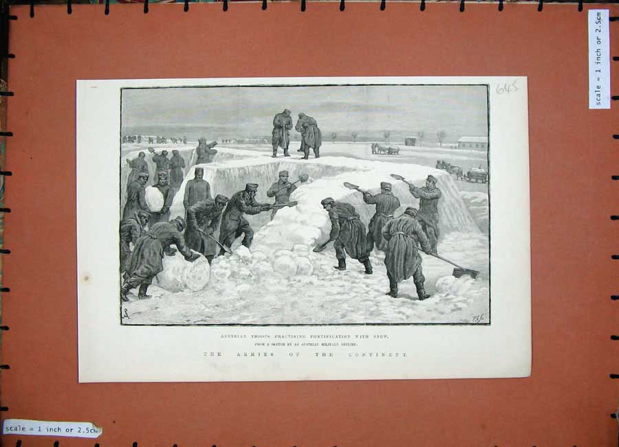 Original Old Antique Print 1888 Army Austrian Troops Fortification Snow Men War