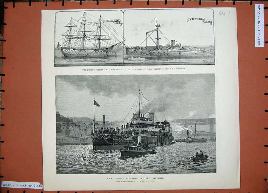 Old Antique Print 1888 Ship Victoria River Tyne Newcastle Britannia Navy 19th