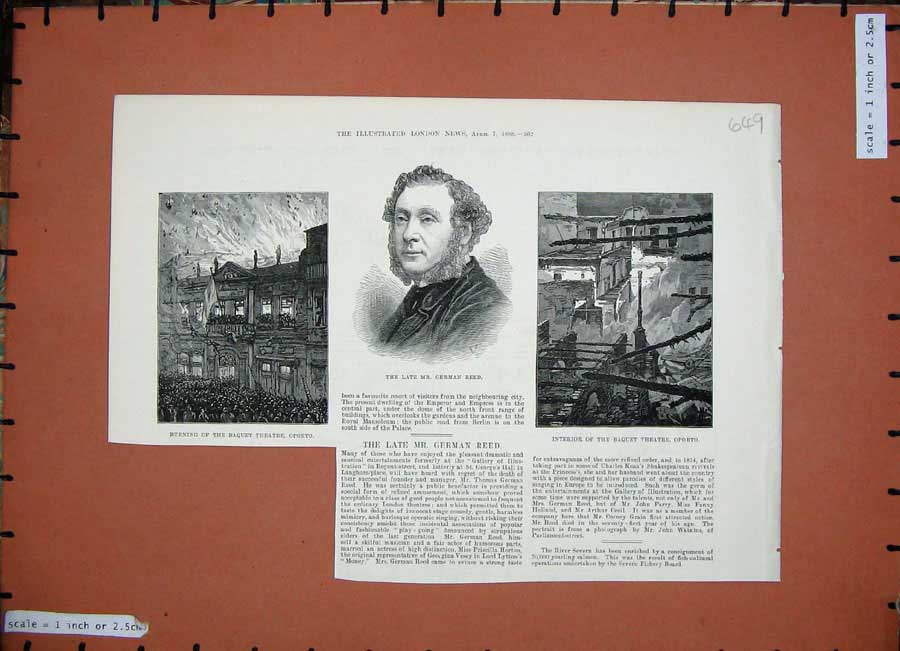 Original Old Antique Print 1888 Thomas German Reed Baquet Theatre Oporto Fire