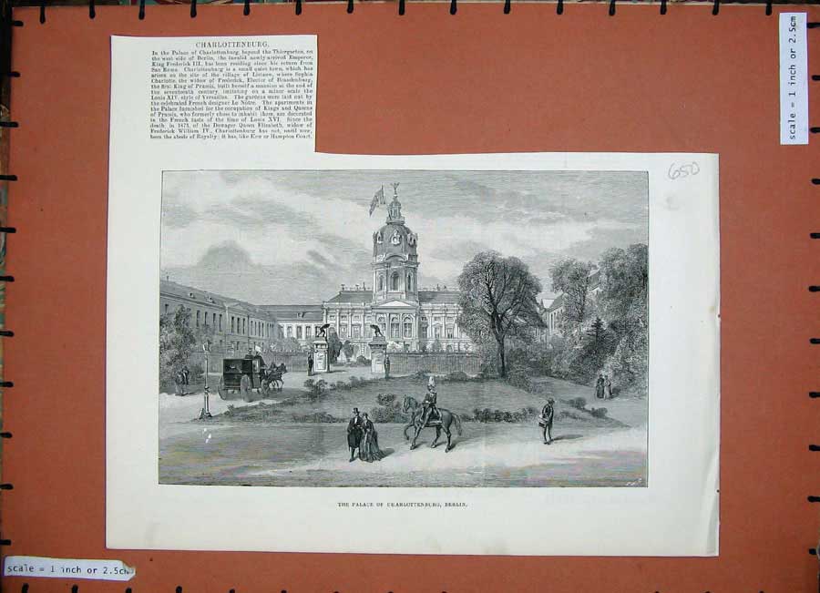 Old Antique Print 1888 View Palace Charlottenburg Berlin Germany Horses 19th