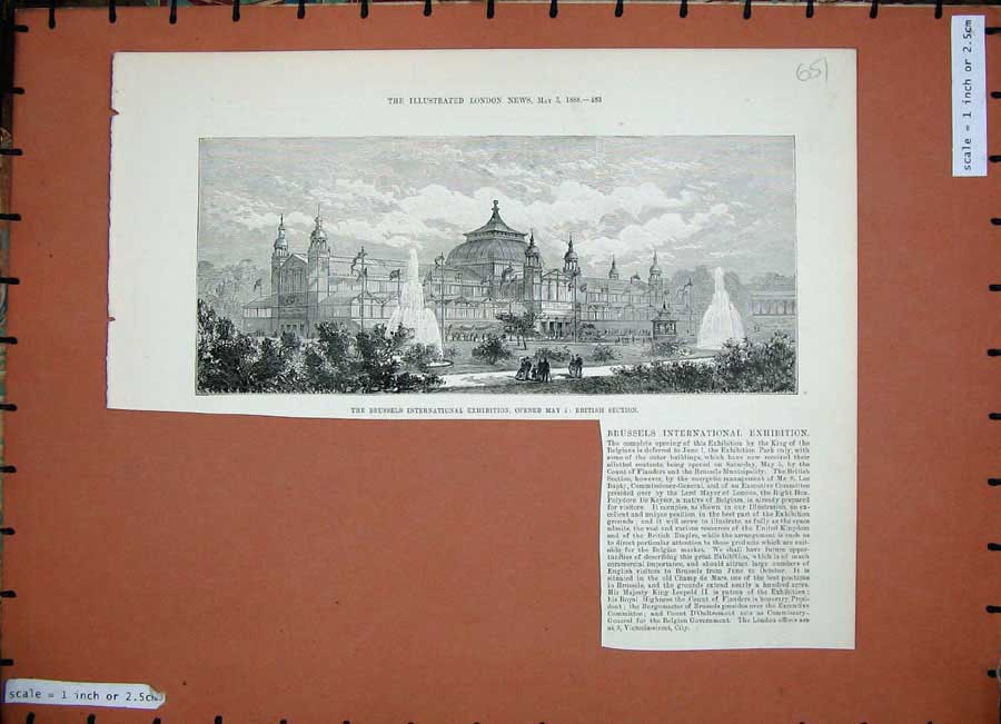 Old Antique Print 1888 Brussels International Exhibition Building People 19th