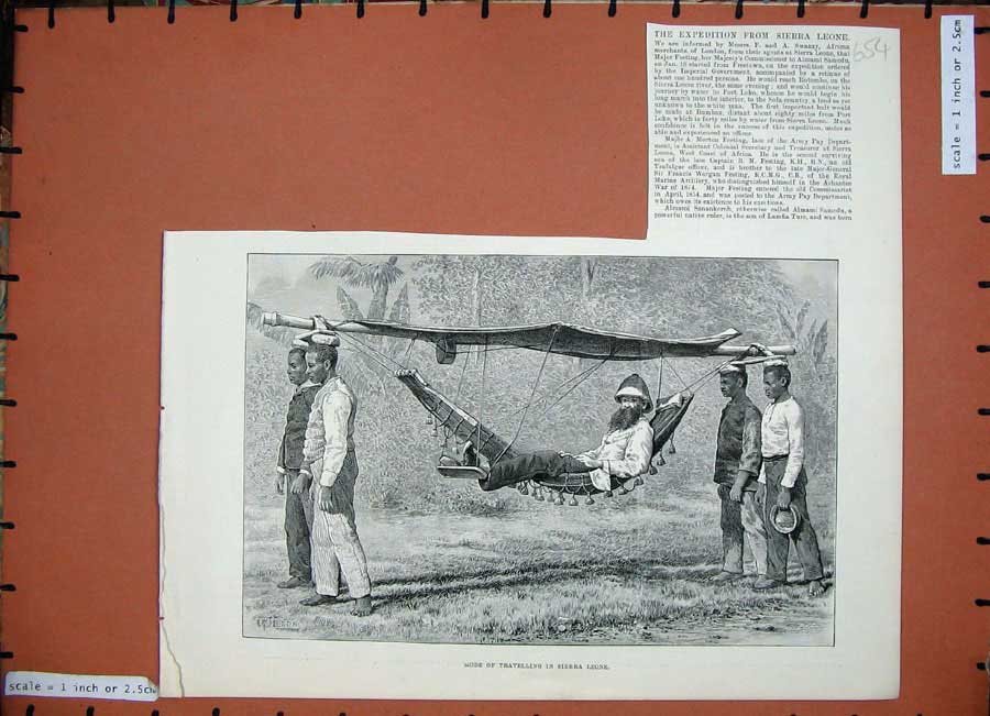 Original Old Antique Print 1888 Travelling Sierra Leone Man Carried Hammock Art