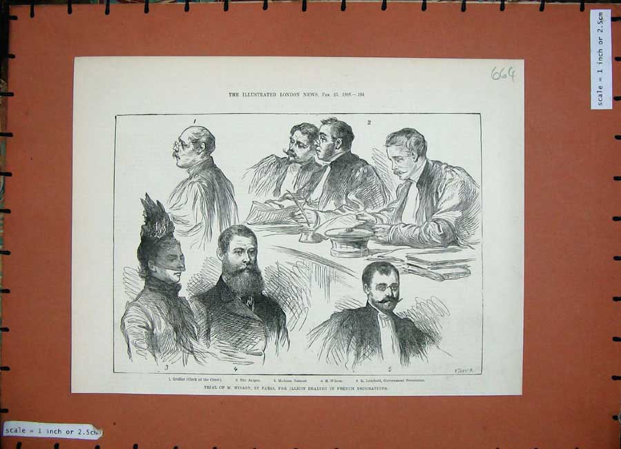 Original Old Antique Print 1888 Court Trial Wilson Paris Judges Ratazzi Lombard