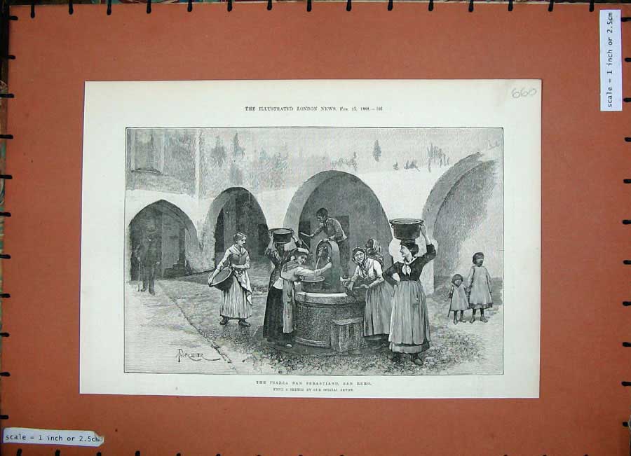 Original Old Antique Print 1888 View Piazza San Sebastiano San Remo Women Water