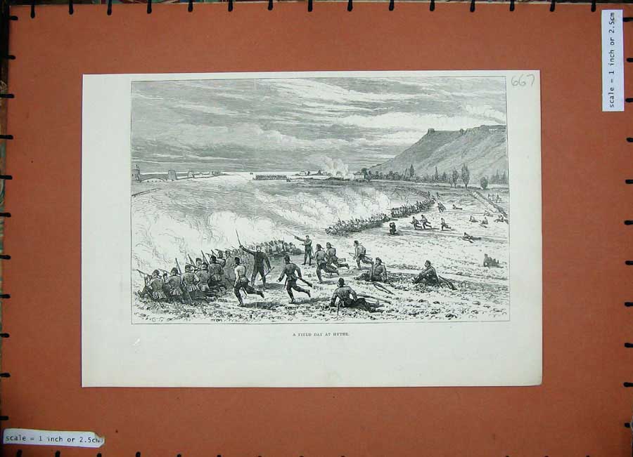 Original Old Antique Print 1888 War Battle Field Day Hythe Army Siers Fine Art